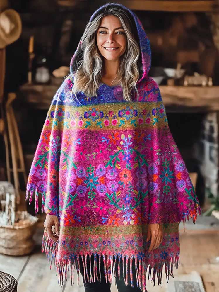 Women's Bohemian Color Clashing Floral Art Pattern Knitted Blanket Poncho Hood Cape