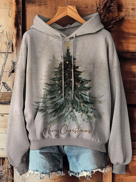 Women's Christmas Tree Prints Casual Pocket Hooded Sweatshirt