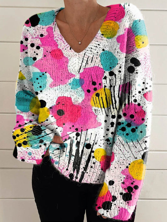 Women's Abstract Colorful Painting Art Print Casual V-neck Knit Pullover