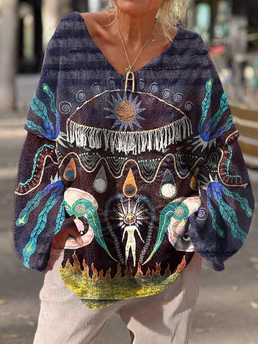 Women's Vintage Flower Sun Splicing Pattern Art Print Casual Pullover Sweater