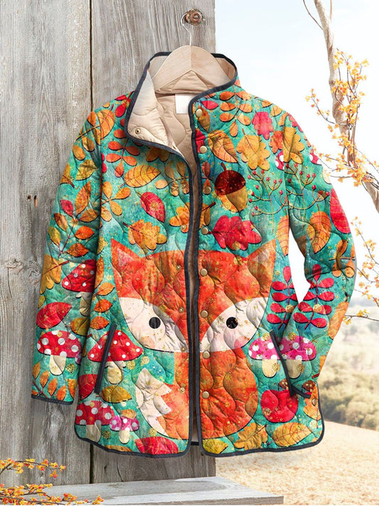 Women's Vintage Lovely Fox Floral Art Print Casual Quilted Coat Cardigan