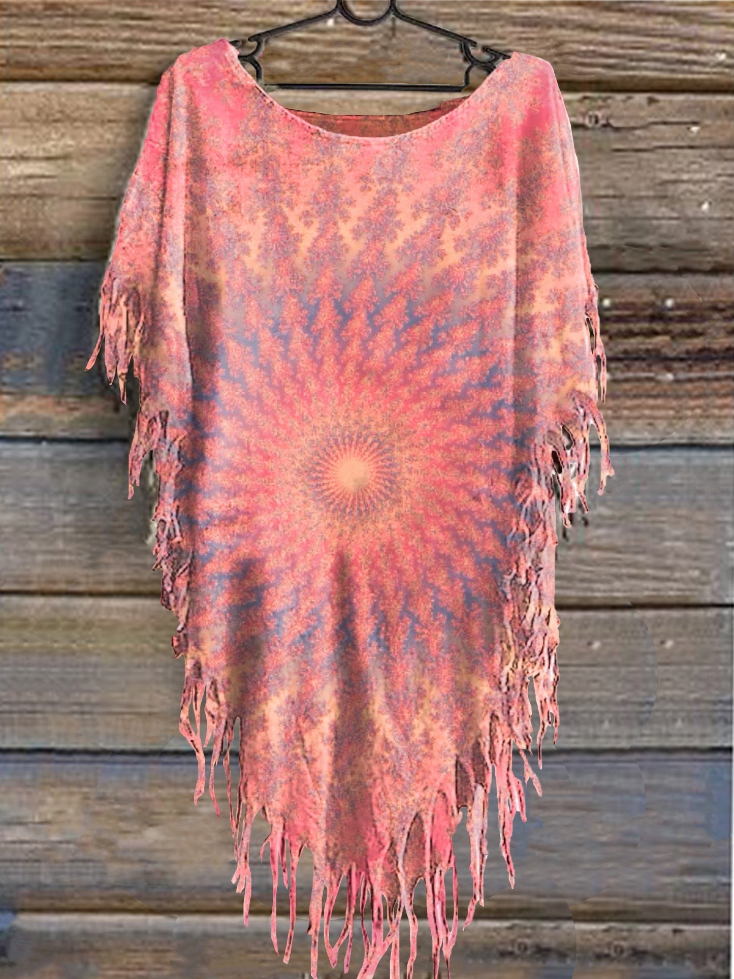 Women's Vintage Tie Dye Print Punk Hippie Batwing Tussle Fringes Poncho Dress