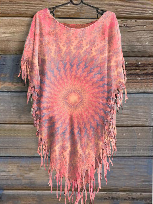 Women's Vintage Tie Dye Print Punk Hippie Batwing Tussle Fringes Poncho Dress