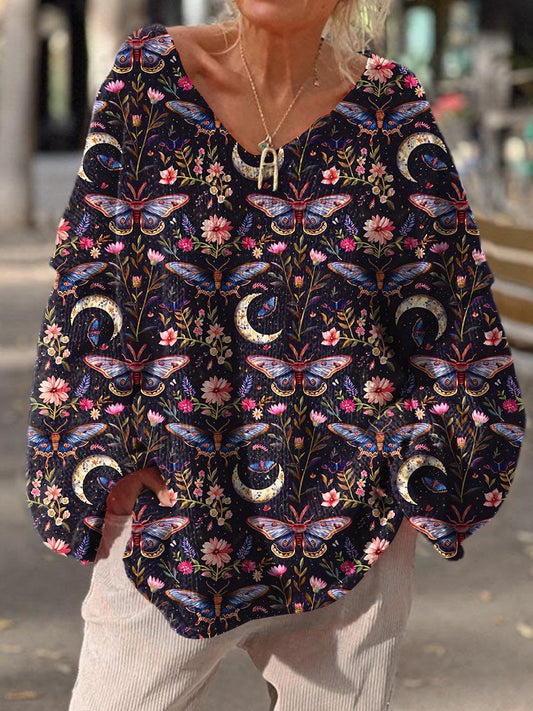 Women's Vintage Flower Butterfly Mushroom Magic Pattern Christmas Gift Art Print Casual Pullover Sweater