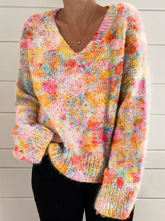 Women's Autumn Color Print Casual V-neck Pullover Knit