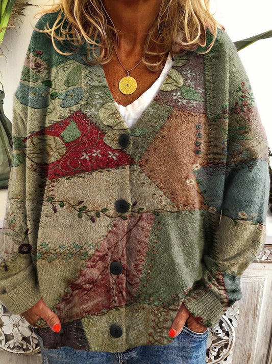 Retro Patchwork Print Buttoned V-neck Cardigan Sweater