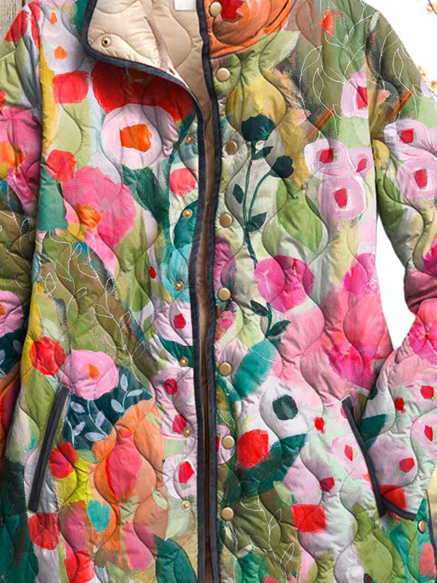 Women's Vintage Lovely Floral Art Print Casual Quilted Coat Cardigan