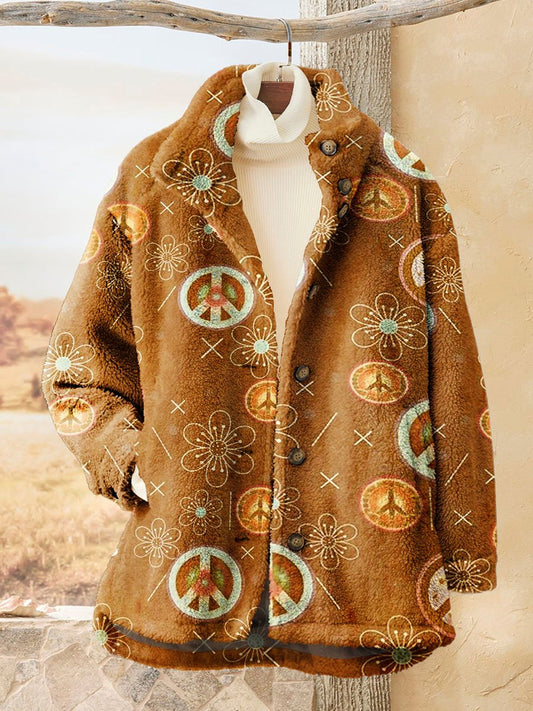 Women's Vintage Hippie Peace Art Print Casual Sherpa Coat Cardigan