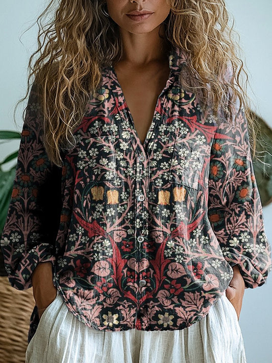 Women's Retro Dark Floral Print Casual Long Sleeve Comfortable Cotton Shirt