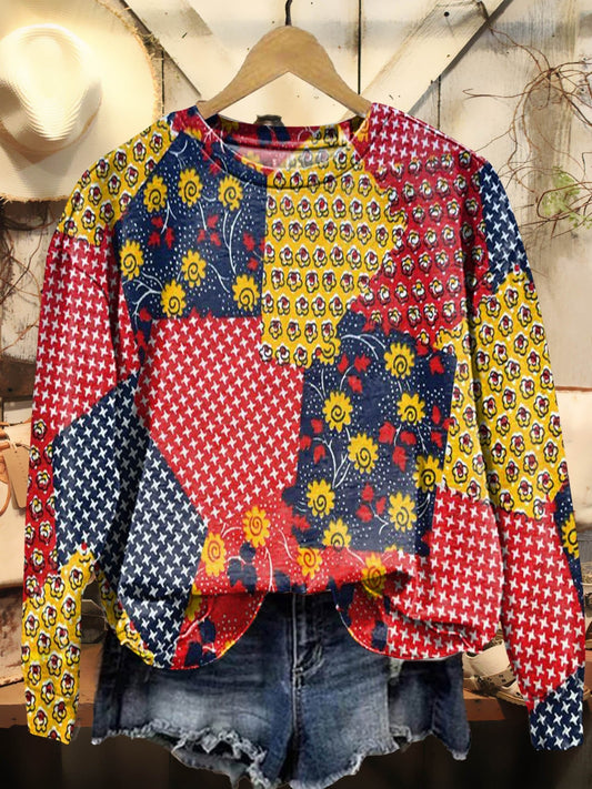 Flower Patchwork Print Casual Sweatshirt