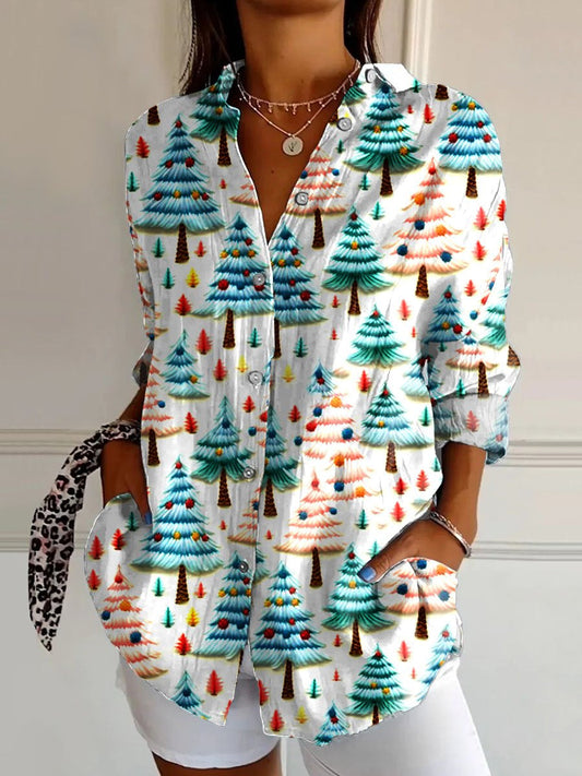 Women's  Christmas Tree Art Print Casual Cotton Shirt