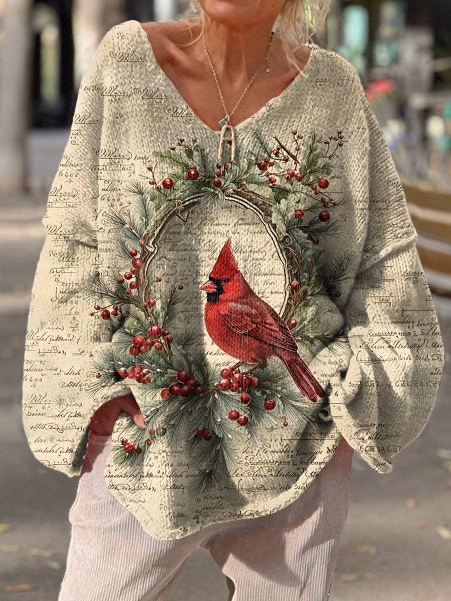 Women's Retro Cardinal Print Casual V Neck Pullover Sweater