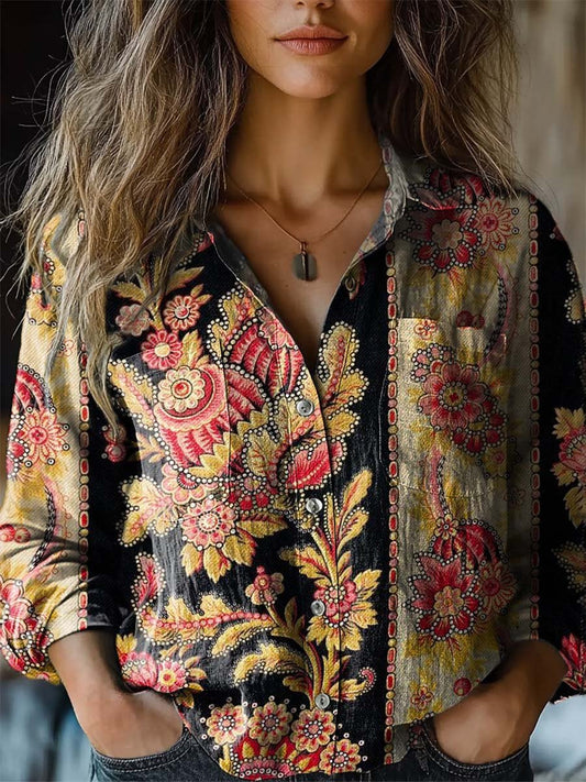 Women's Vintage Lovely Floral Art Print Casual Long Sleeve Comfortable Cotton Shirt