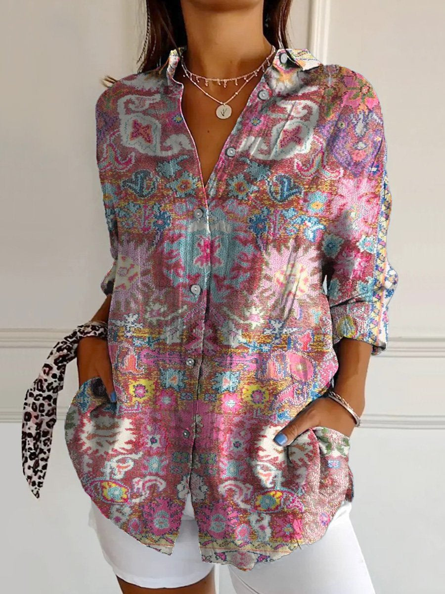 Women's Retro Floral Totem Print Casual Cotton Shirt