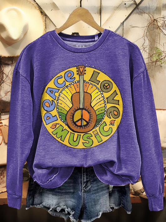 Love & Peace & Music & Guitar Print Casual Sweatshirt