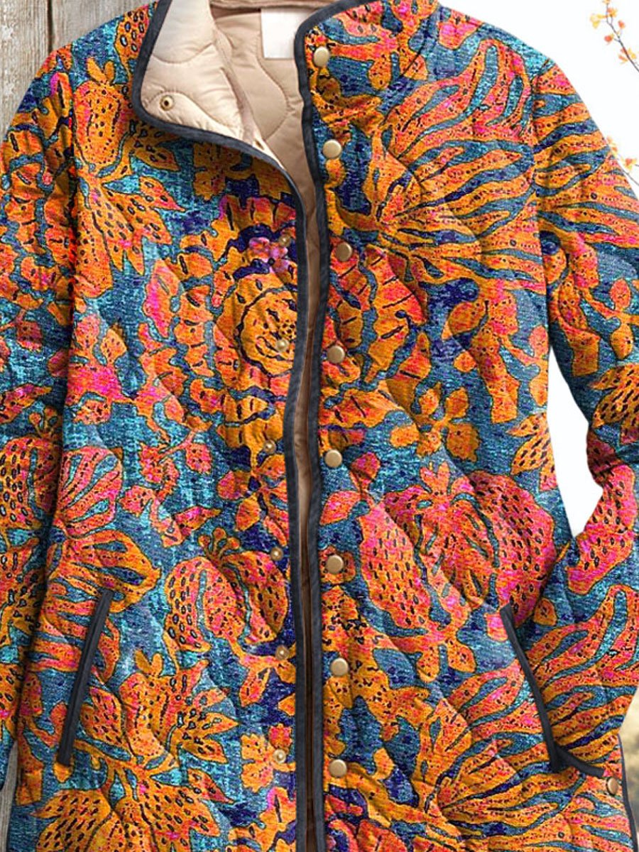 Women's Vintage Floral Art Print Casual Quilted Coat Cardigan