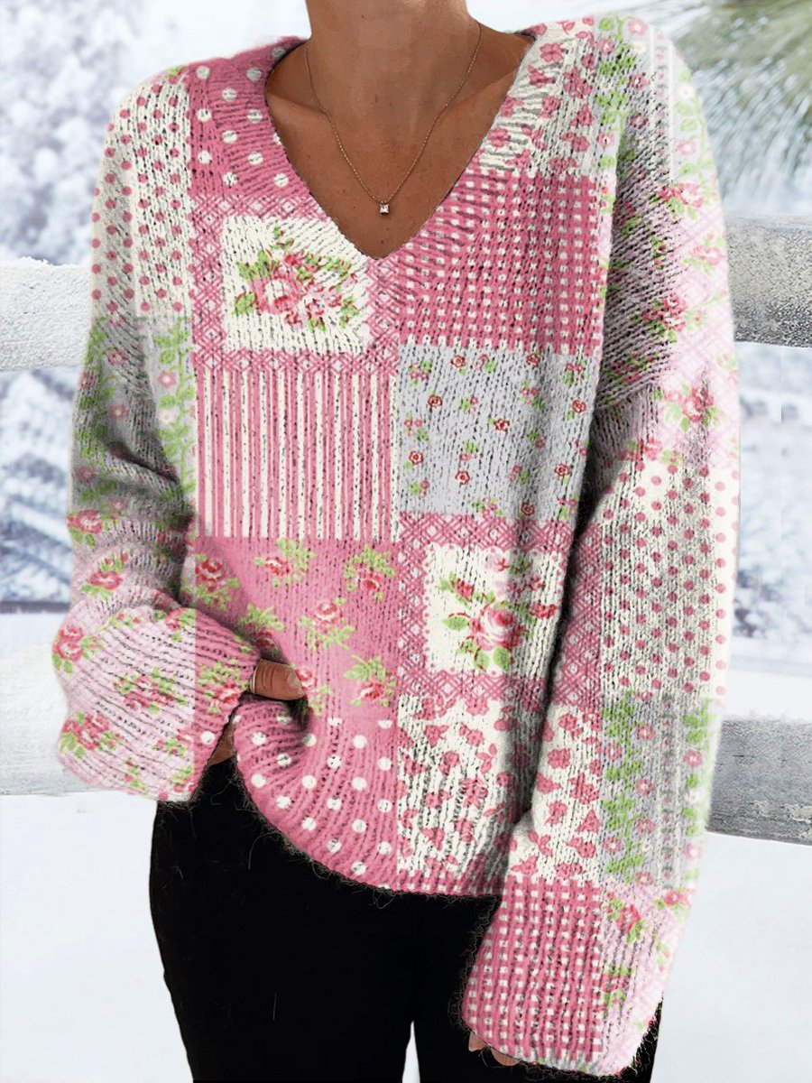 Women's Flowers Pattern Patchwork Casual V-neck Pullover Knit