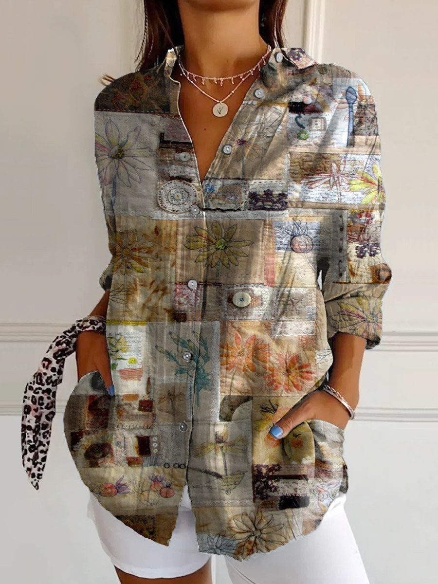 Women's Vintage Patchwork Print Casual Cotton Shirt