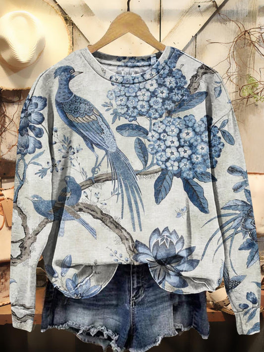 Women's Vintage Bird Floral Art Pattern Print Casual Crew Neck Sweatshirt