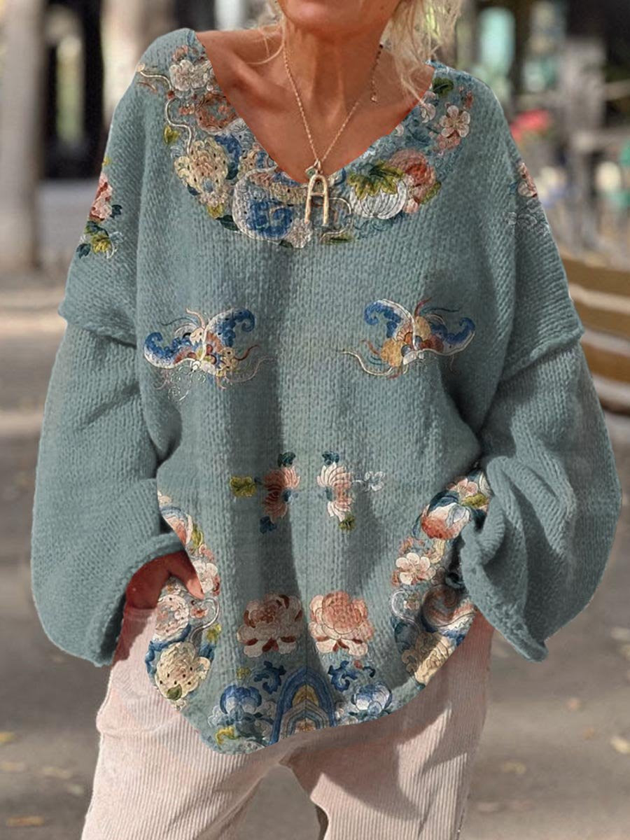 Women's Vintage Flower Buttefly Splicing Pattern Art Print Casual Pullover Sweater