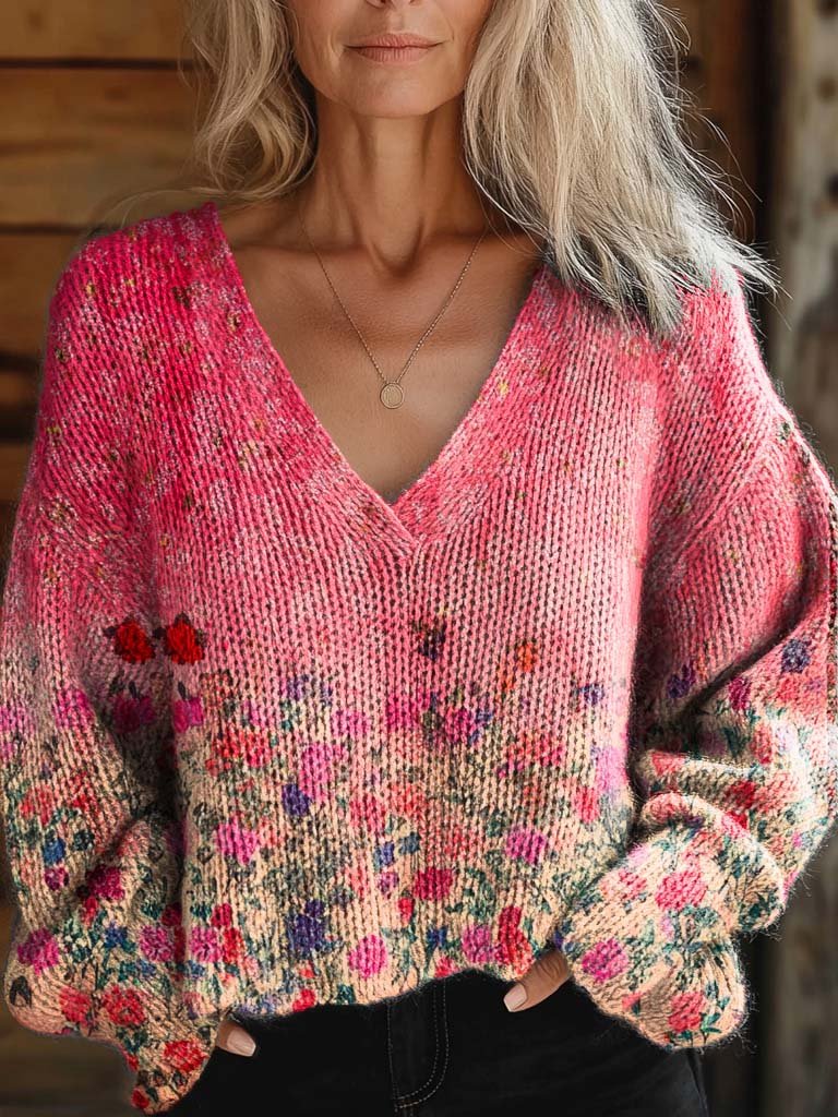 Women's Floral Art Print Casual V Neck Pullover Knit Sweater