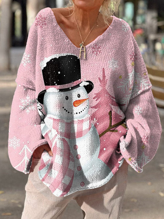 Women's Retro Winter Christmas Snowman Pattern Casual V Neck Pullover Sweater