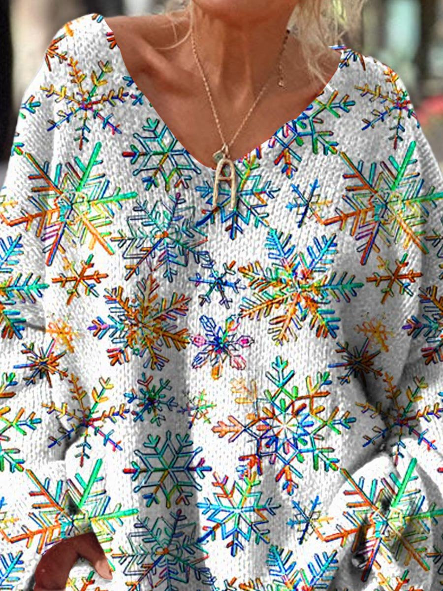 Women's Rainbow Snowflake Christmas Gift Pattern Art Print Casual Pullover Sweater