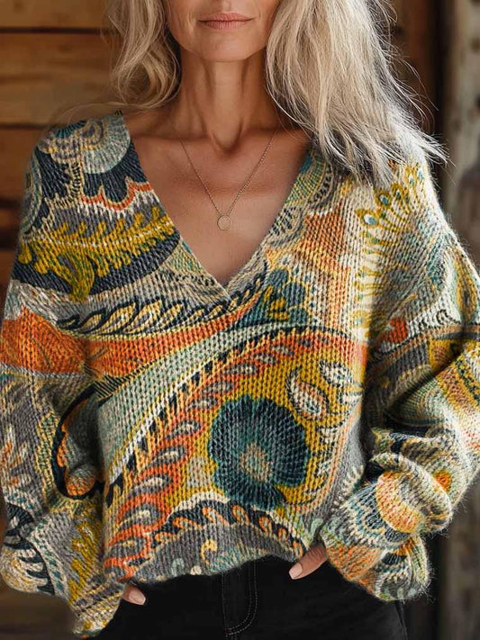 Women's Retro Paisley Pattern Casual V-Neck Knit Sweater