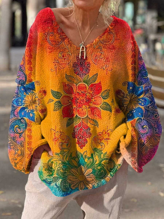 Women's Vintage Hippie Art Colorful Flowers Casual Pullover Sweater