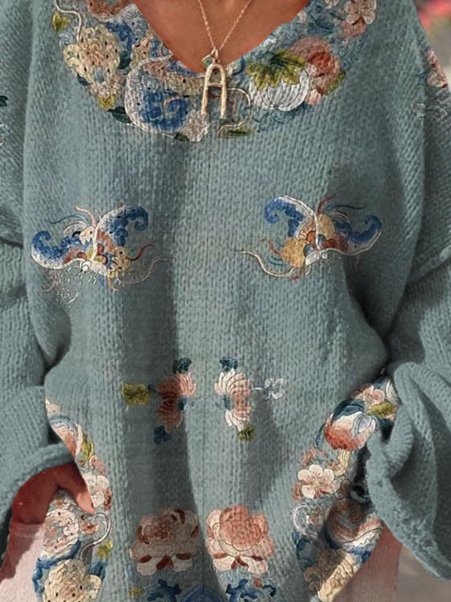 Women's Vintage Flower Buttefly Splicing Pattern Art Print Casual Pullover Sweater