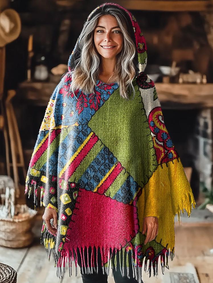 Women's Retro Colorful Patchwork Print Casual Knitted Blanket Poncho Hood Cape