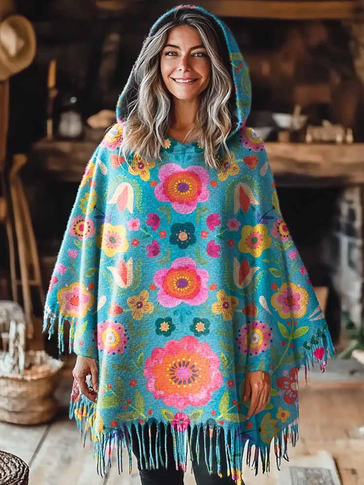 Women's Boho Flowers Art Pattern Casual Knitted Blanket Poncho Hood Cape