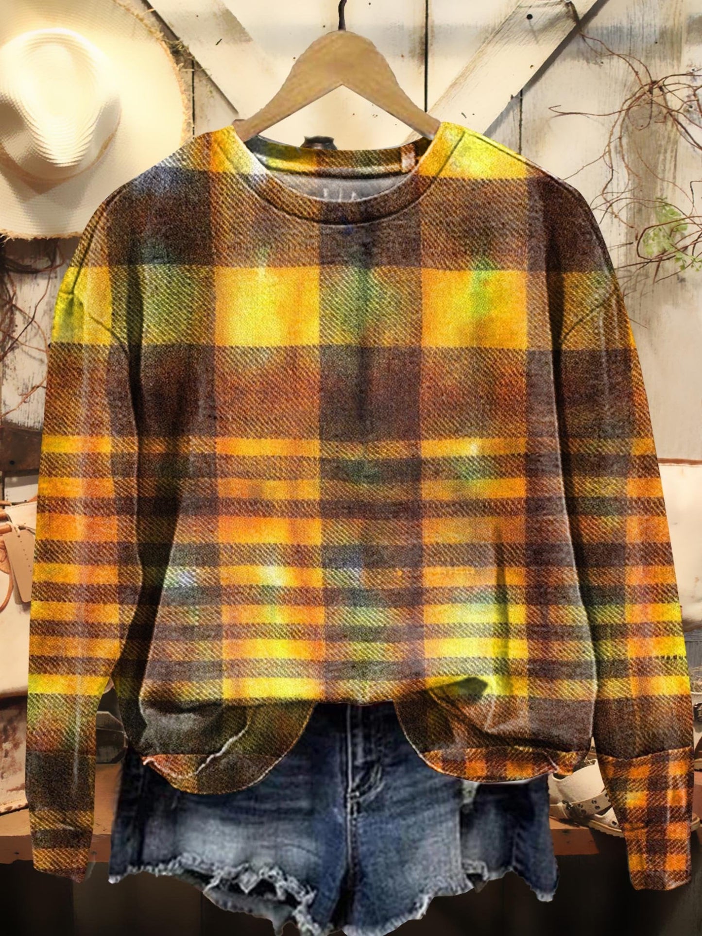 Retro Plaid Print Casual Sweatshirt