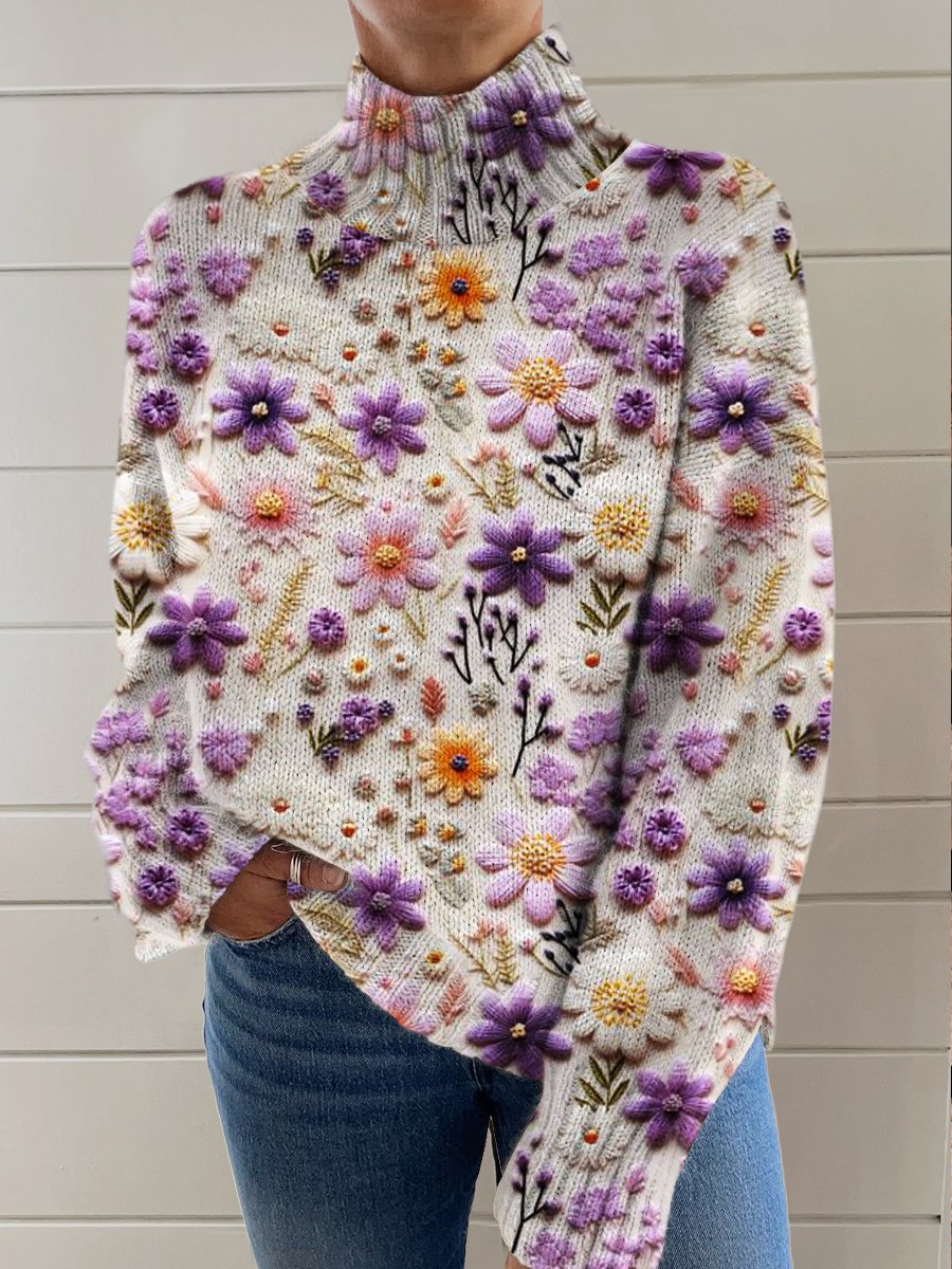 Purple Three-dimensional Florets Print Knit Turtleneck Pullover Sweater