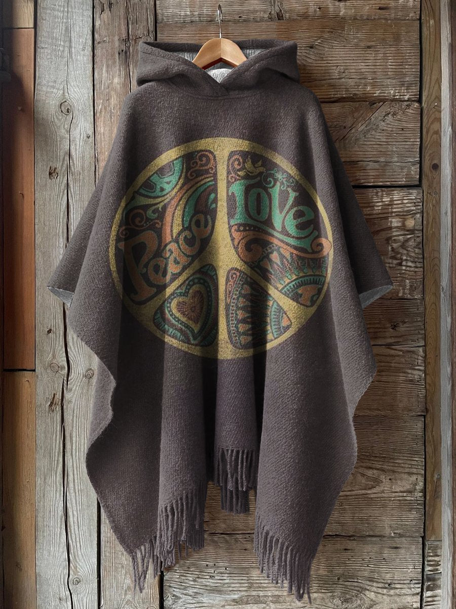 Women's Hippie Art Print Casual Knit Blanket Cape Hooded Poncho