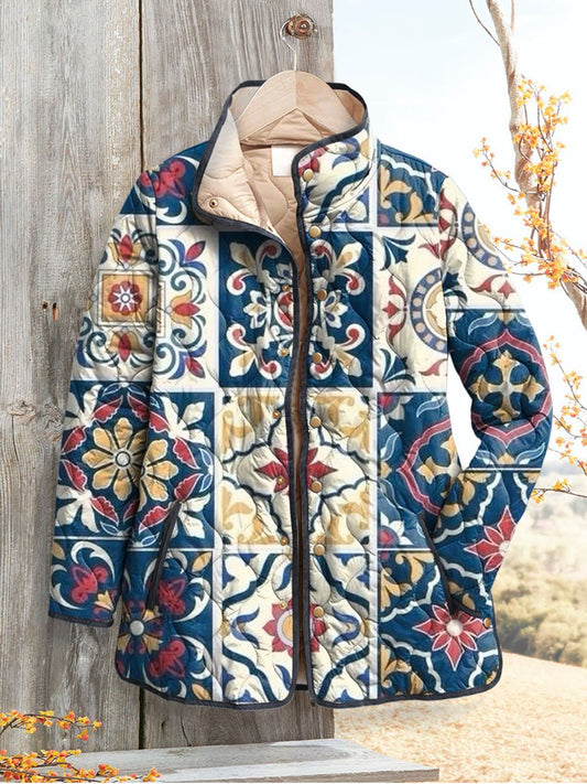 Women's Vintage Floral Art Print Casual Quilted Coat Cardigan