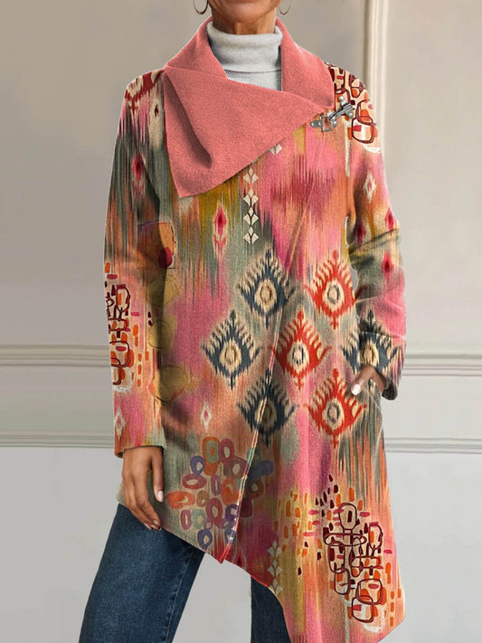 Women's Vintage Ethnic Pattern Art Print Casual Asymmetrical Coat