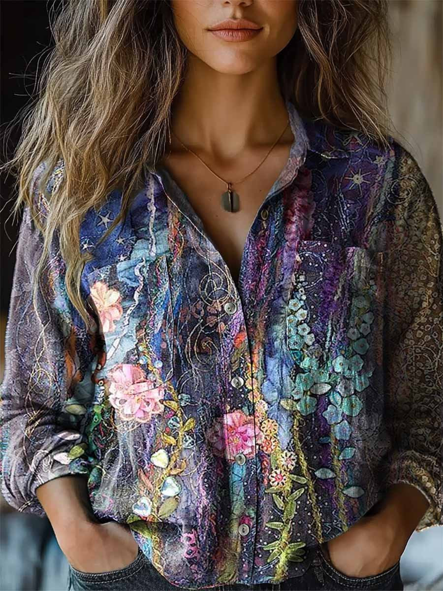 Women's Oil Painting Flowers Texture Art Pattern Long Sleeve Comfortable Cotton Shirt