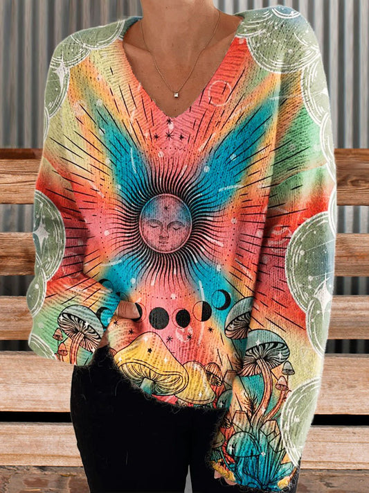 Women's Vintage Hippie Mushroom Sun Art Print Casual V-neck Pullover Knit