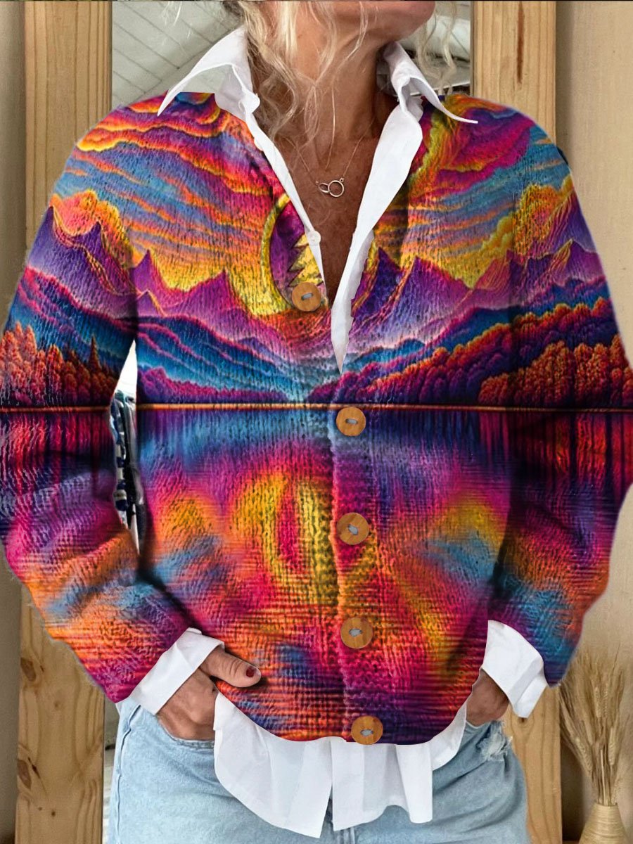 Women's Vintage Landscape Art Print Button Cardigan