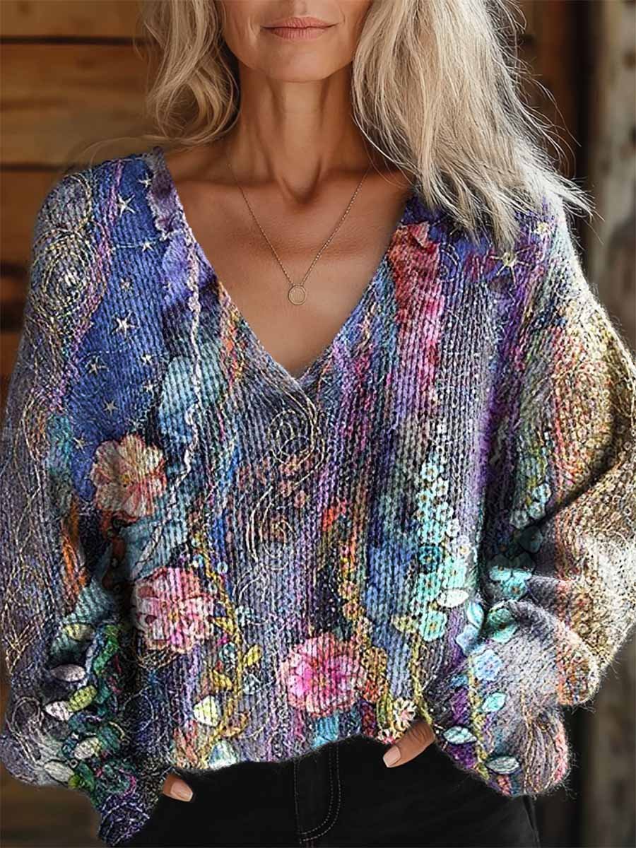 Women's Oil Painting Flowers Texture Art Pattern Casual V-Neck Knit Sweater