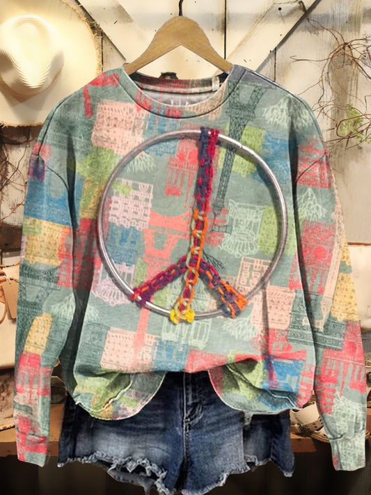 Vintage Collage & Peace Sign Print Casual Sweatshirt