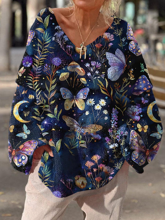 Women's Vintage Flower Butterfly Mushroom Magic Pattern Christmas Gift Art Print Casual Pullover Sweater