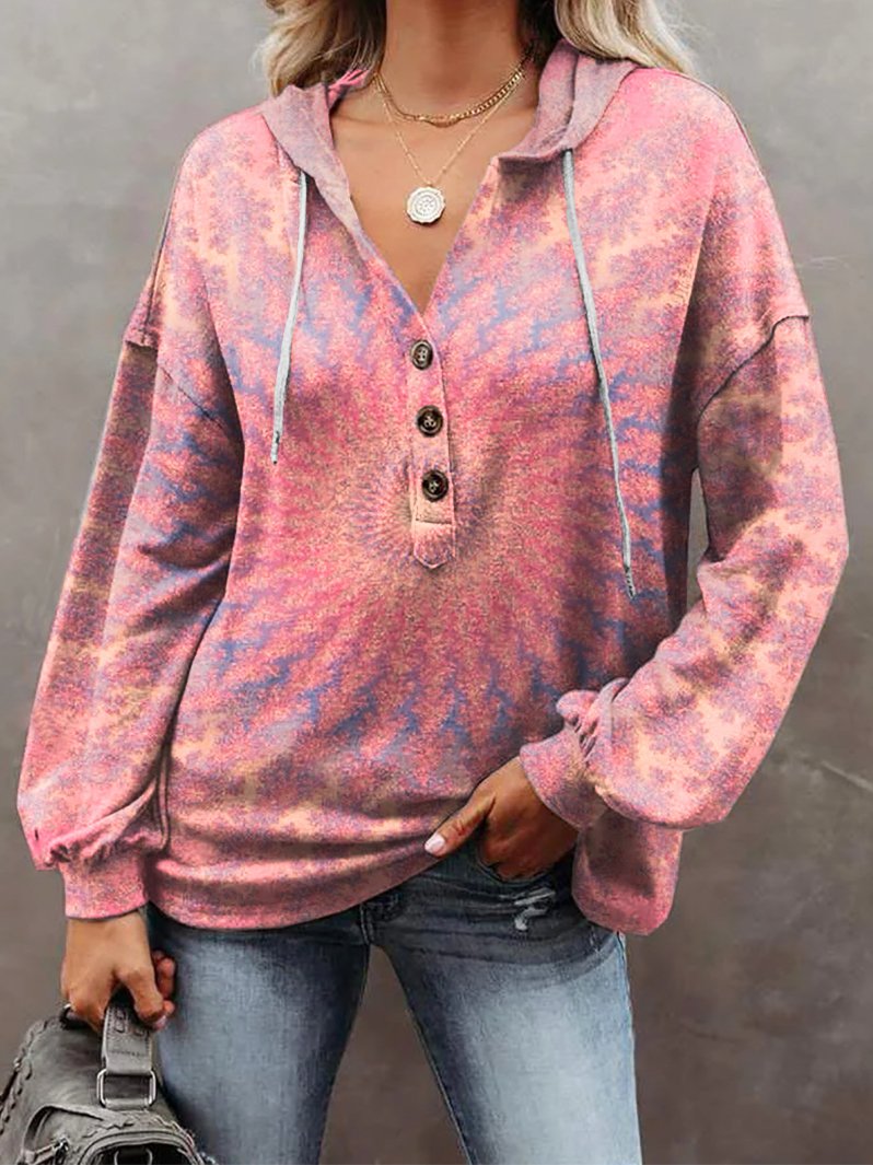 Women's Retro Kaleidoscope Tie Dye Print Casual Loose Solid Color Hoodie Sweatshirt