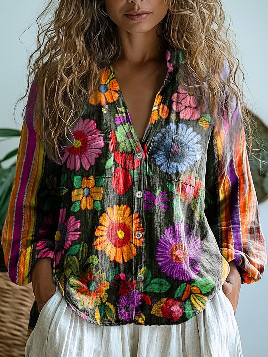 Women's Colorful Floral Pattern Casual Long Sleeve Comfortable Cotton Shirt