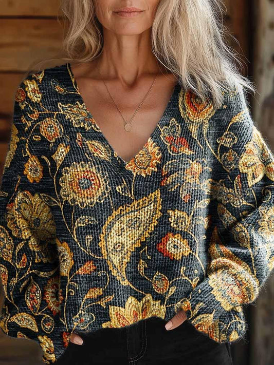 Women's Retro Paisley Art Casual V-Neck Knit Sweater