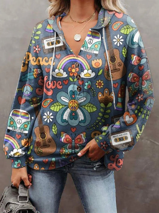 Women's Vintage Floral Car Print Casual Loose Hoodie