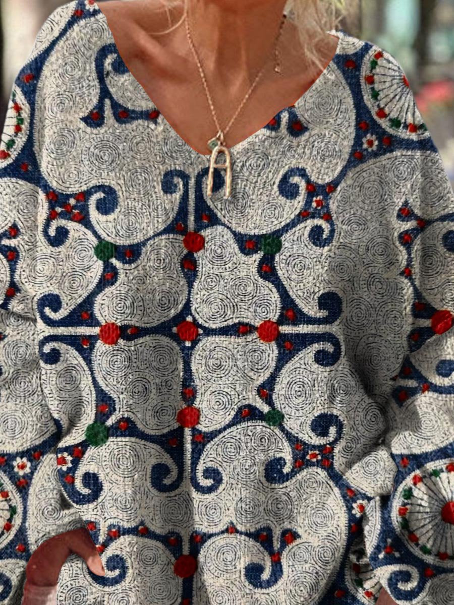 Women's Vintage Abstract Geometric Splicing Pattern Art Print Casual Pullover Sweater