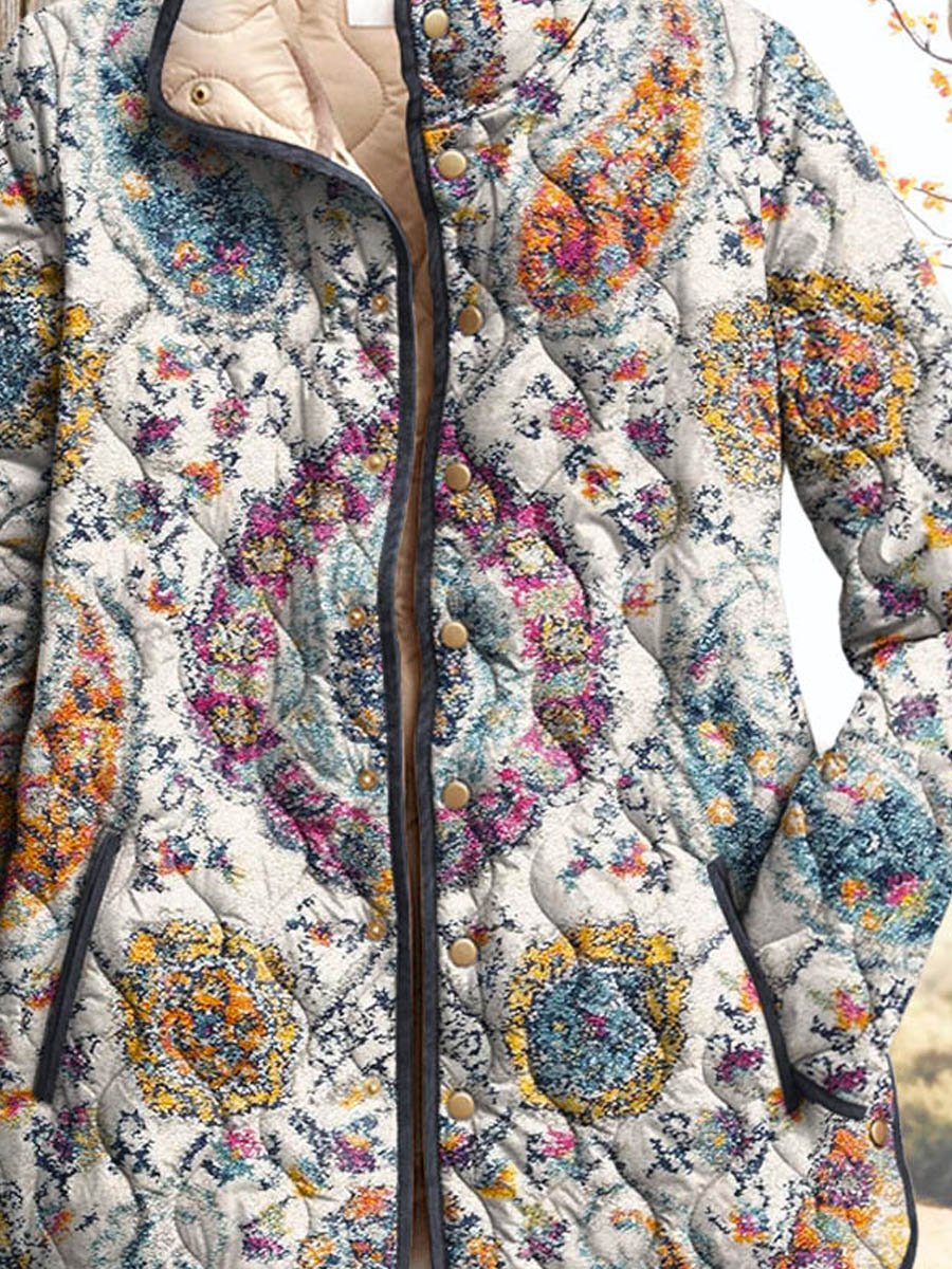 Women's Vintage Ethnic Floral Pattern Art Print Casual Quilted Coat Cardigan