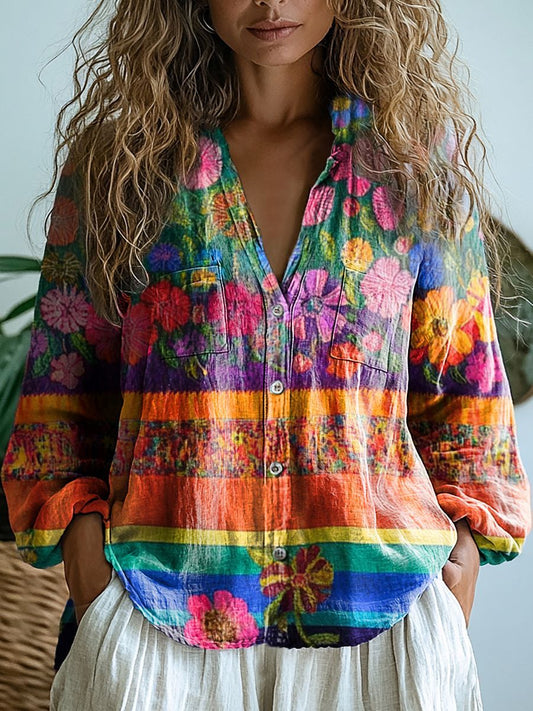 Women's Colorful Patchwork Floral Pattern Casual Long Sleeve Comfortable Cotton Shirt